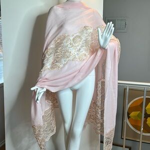 JANAVI INDIA 84” x 34” Cashmere Pink & Rose Gold Lace Shawl Wrap Scarf - New